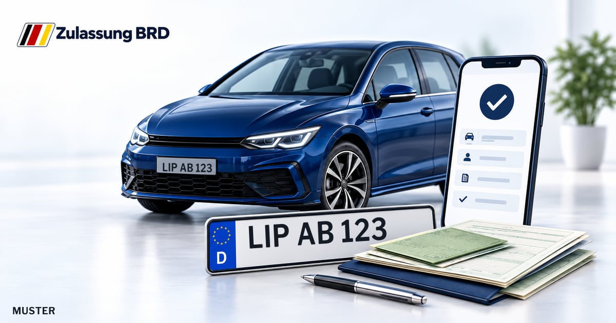 Online Fahrzeugzulassung in Lage: Musterkennzeichen LIP AB 123, Auto und Fahrzeugpapiere und Smartphone. Illustration mit Logo von Zulassung BRD.